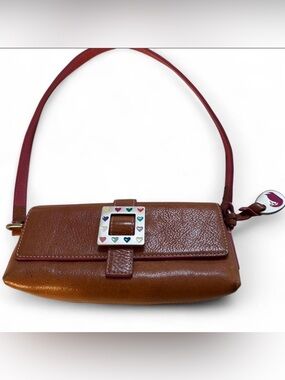 Dooney & Bourke Brown Leather Shoulder Bag with Multicolor Heart Buckle